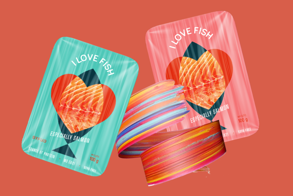 salmon packaging design two sealed packs in pink and teal color, fish and heart design on a front. coral color background