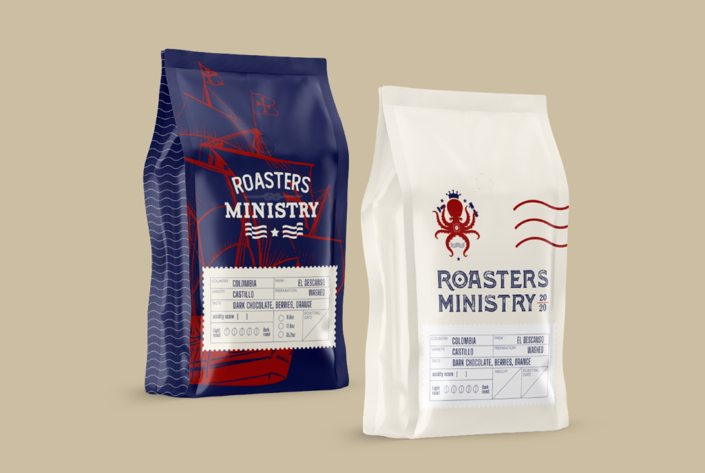 two coffee bags with blue and red designs standing on a beige background