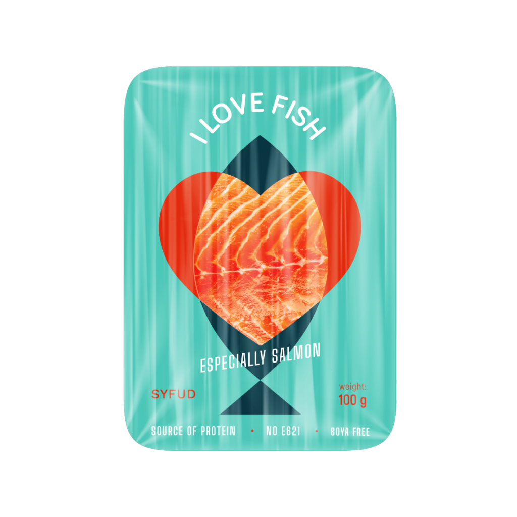 teal color salmon packaging with fish silhouette and a heart shape design on the front